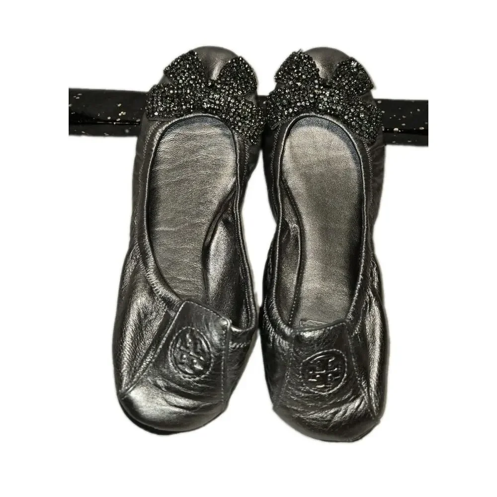 Tory Burch Eddie Pewter Leather Rhinestone Bow Ballet Flats Size 10 coquettecore